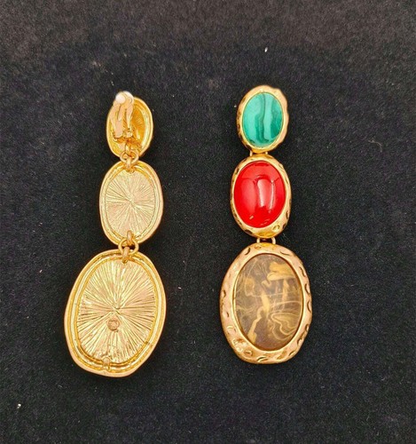 Clip on 3 1/4" large gold green, orange and brown stone dangle earrings - Picture 5 of 5