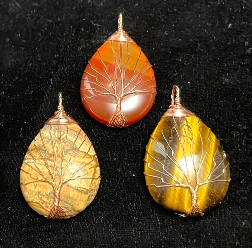 Lot 3 Teardrop Pendants Stones Picture Jasper Tiger Eye Carnelian Tree of Life - Picture 4 of 11