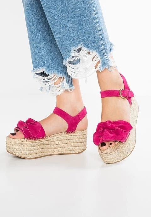 Topshop Womens Wendy Suede Hot Pink Bow Wedge Espadrille Sandals