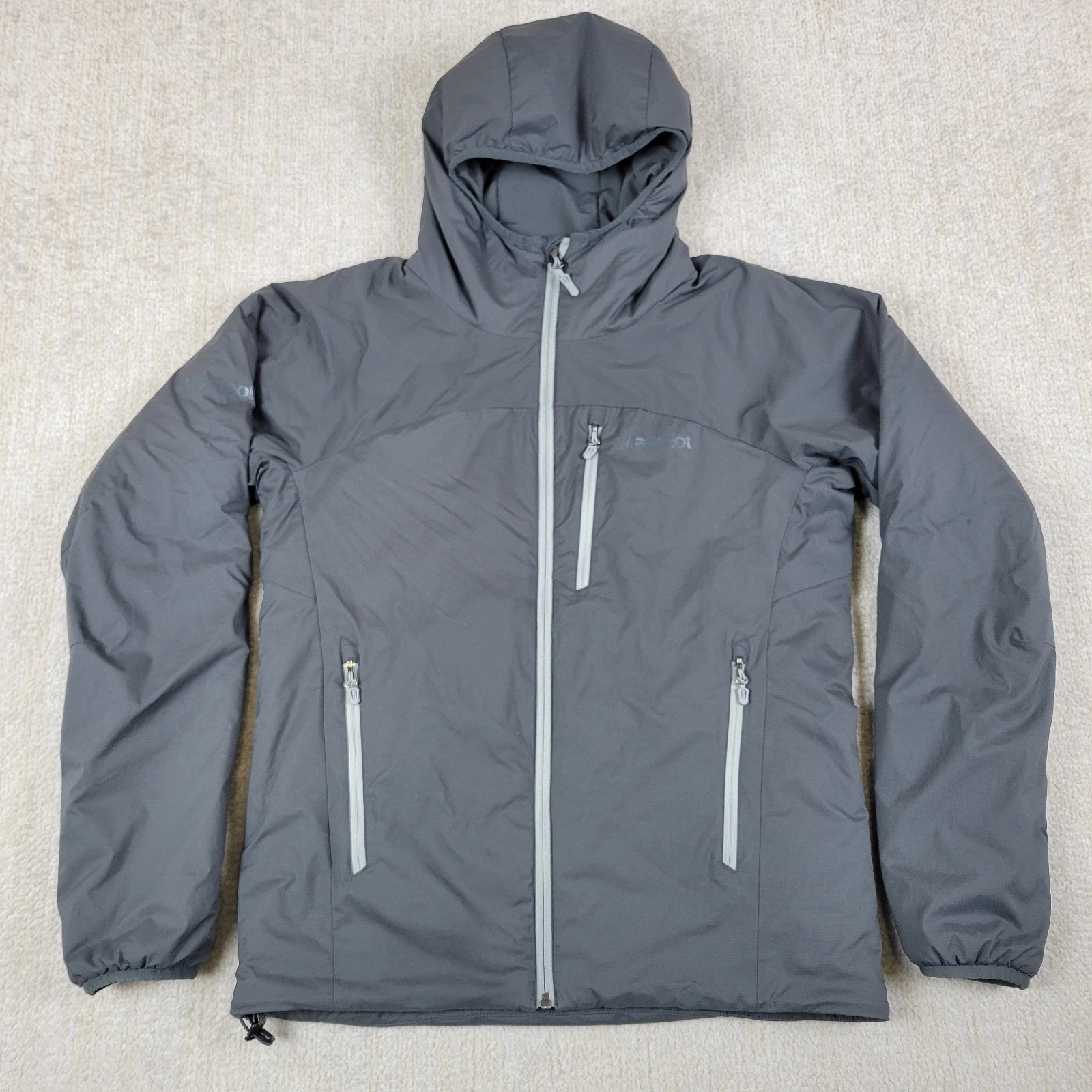 Marmot Puffer Jacket Men S Gray Full Zip Pockets Hooded Insulated Hiking Ripstop