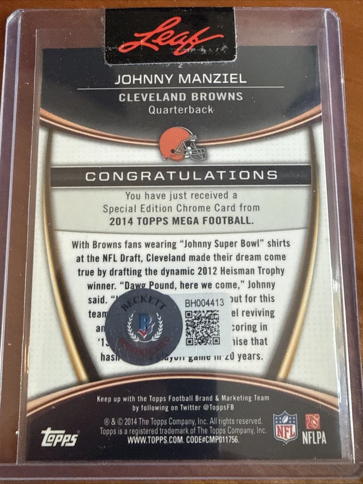 Johnny Manziel Auto 2014 Topps Cromo RC Hoja Beckett Auténtico En Tarjeta Firmado Foto 2 de 2