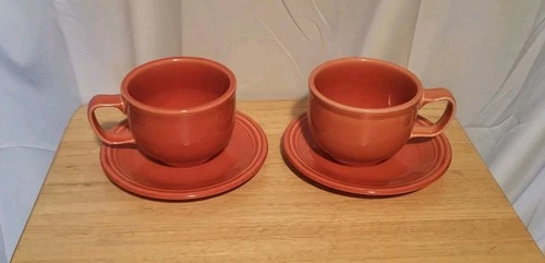 Homer Laughlin Fiesta Ware Persimmon Orange 2 Jumbo Mugs and Plates Retired USA