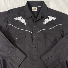 Ely Cattleman Western Pearl Snap Shirt Large Black Floral Embroidered Cowboy