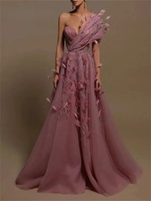 A Line Tulle Evening Dress One Shoulder With 3D Appliques Sequined Prom Dresses
