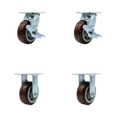 5 Inch Polyurethane Caster Set with Roller Bearings 2 Brake 2 Rigid SCC