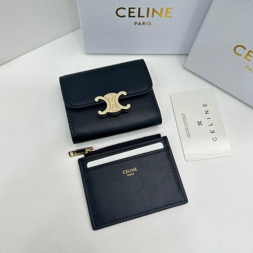 Celine Triomphe Compact Wallet & Card Holder 2 Piece Set Gold Buckle Real Photos
