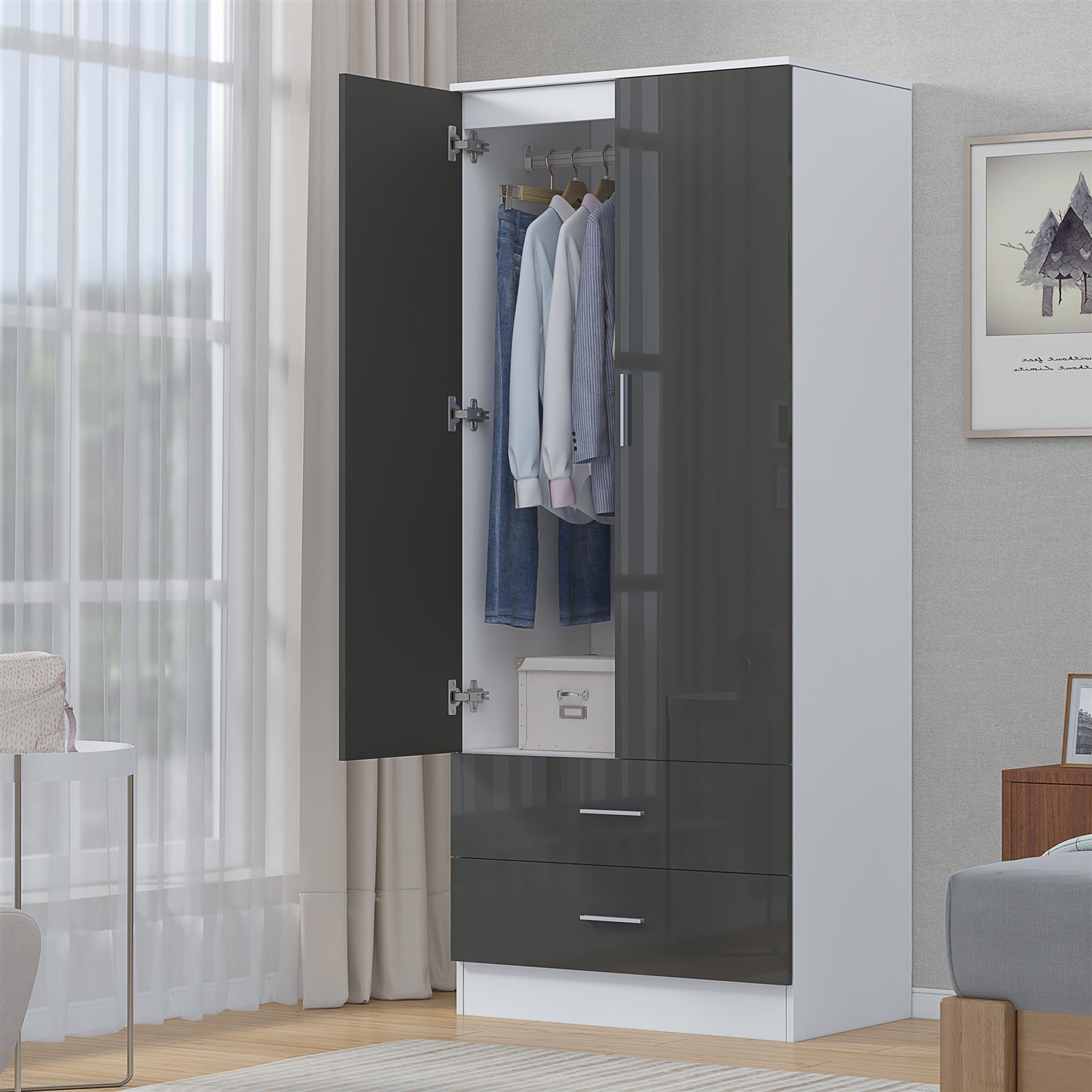 REFLECT 2 Door 2 Drawer Wardrobe - Grey Gloss Fronts / White Matt Carcass