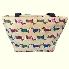 Dachshund Dog Print Canvas Small Tote Bag Tan Zip Top Heart Pull Weiner Dog