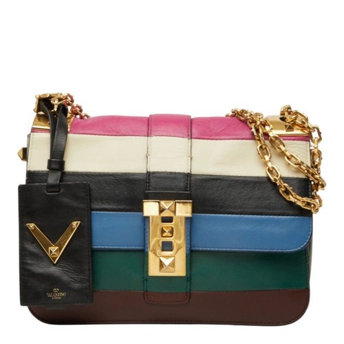 VALENTINO GARAVANI Women Rockstud Chain Shoulder Bag Stripe Leather MultiColor