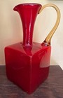 Vintage Red Hand Blown Art Glass Pitcher Applied Yellow Handle 9"