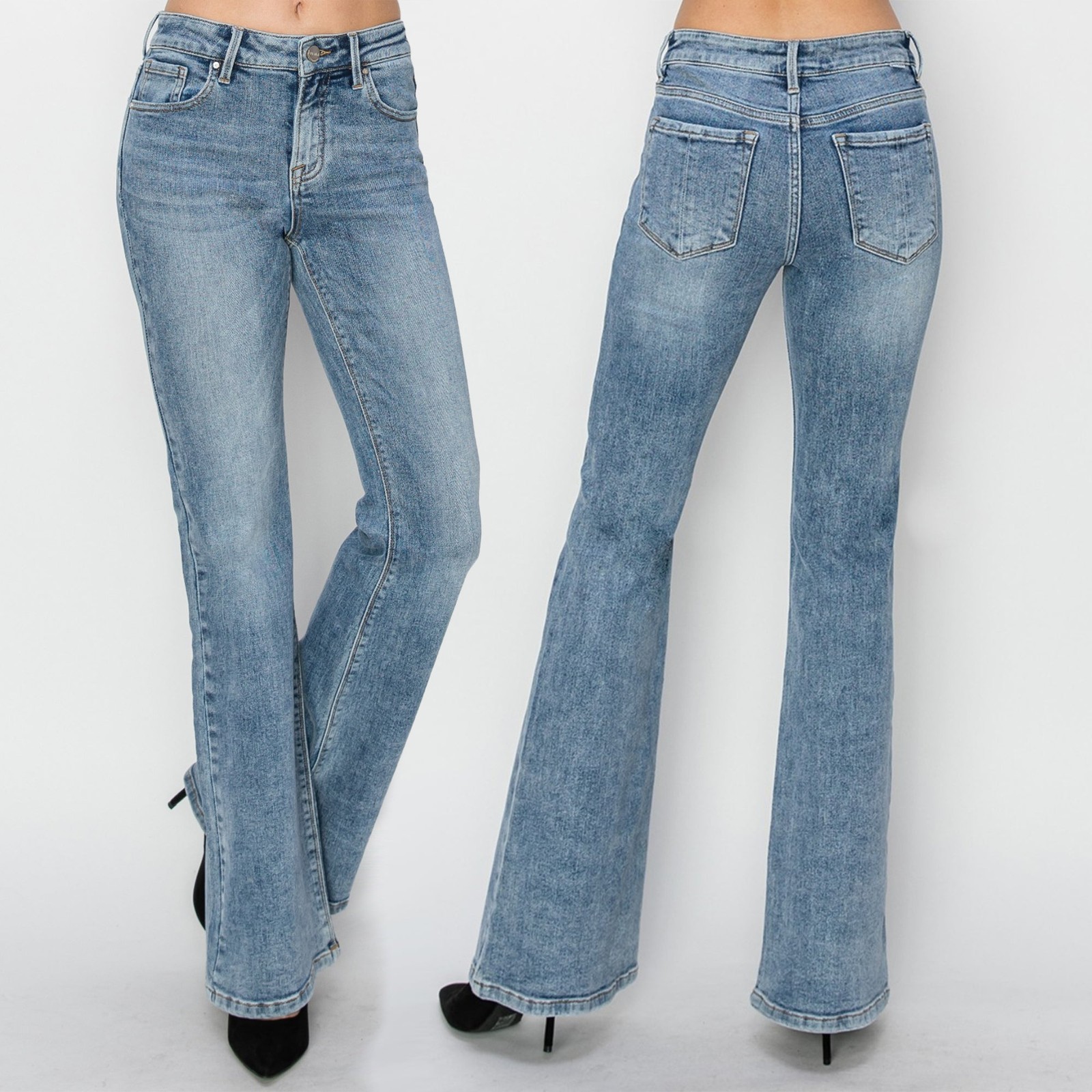RISEN Mid Rise Flare Jeans for Women - Comfortable Stretch Denim