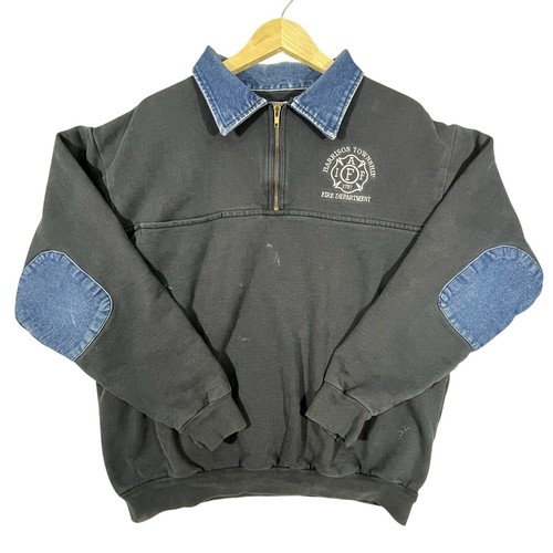 Vtg Game Workwear Fire Dept Job Shirt 1/4 Zip Denim Collar Elbow Patch Navy 2XL