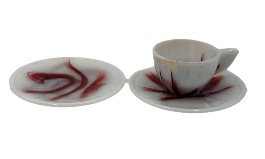 3 Pc Akro Agate SLAG GLASS MINIATURE CUP & 2 Saucers CHILDS 