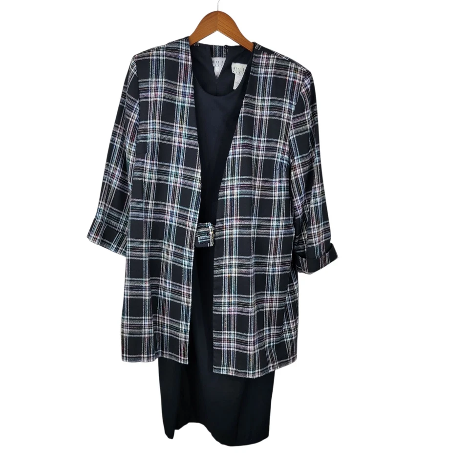Vintage 80s Jacket Dress Set size 14 Petite Secretary Blackb Plaid Tartan Long - Image 2 of 4