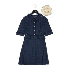 CHANEL 06P Lace Dot Dress Coco Button Floral Knit Size 36 Authentic SR2083