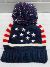NWOT American Flag Embroidered Knitted Beanie Hat with Pom Pom Stars Stripes
