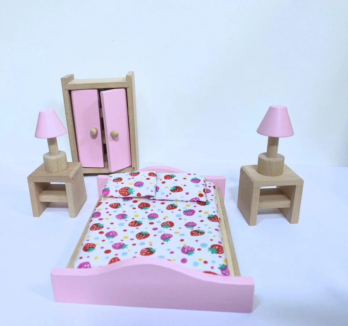 Wooden Dollhouse Pink Bedroom Furniture Set For Girls 3 Fully Assembled