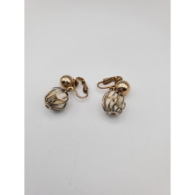 Gold Silver tonebird cage beaded clip on dangle drop earrings 1''