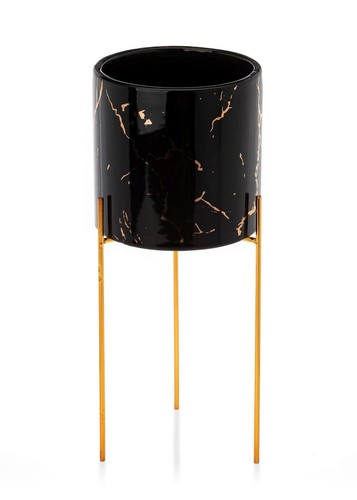 HowHomely Pflanzentopf Blumentopf mit Ständer Übertopf Marmor-Optik schwarz gold - Bild 8 von 8