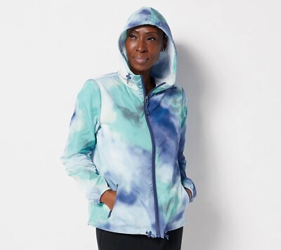 Centigrade Water Resistant Packable Hooded Zip Jacket Turq TieDye Women's Small