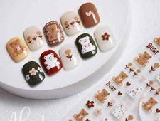 Kawaii Bear Nail Decals, Brown Bear Nail Decals, Flower and Bear Nail Decals, Br