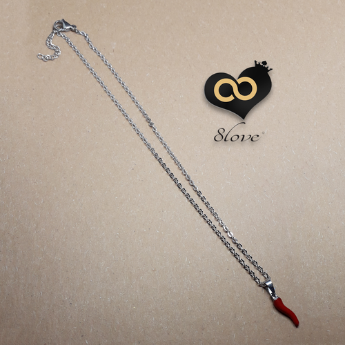 Collana con Cornetto Rosso corno Portafortuna in Acciaio inox Argento Uomo Donna - Foto 3 di 7