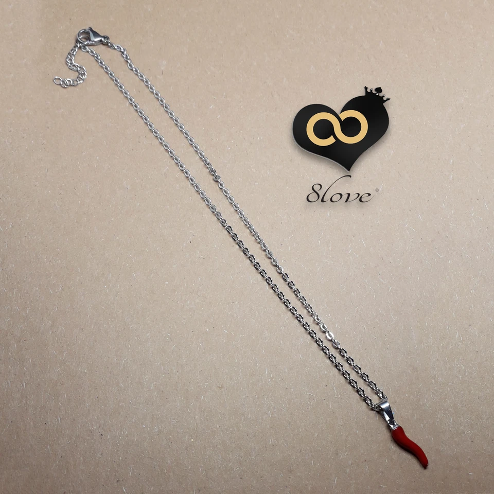 Collana con Cornetto Rosso corno Portafortuna in Acciaio inox Argento Uomo Donna - Immagine 3 di 4