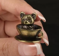 Brass Coffee Cup Dog Figurine Small Animal Statue Table Home Decoration Toy Gift