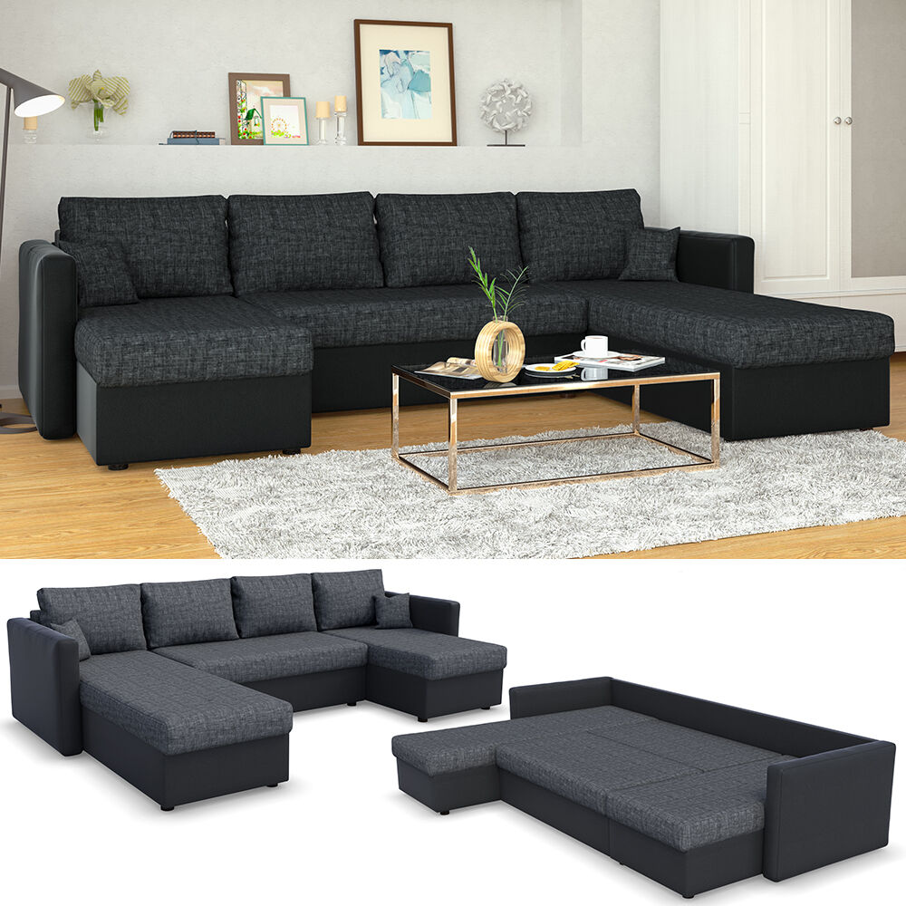 Sofa Couch Taschenfederkern Polstereck mit Schlaffunktion Schwarz Vicco