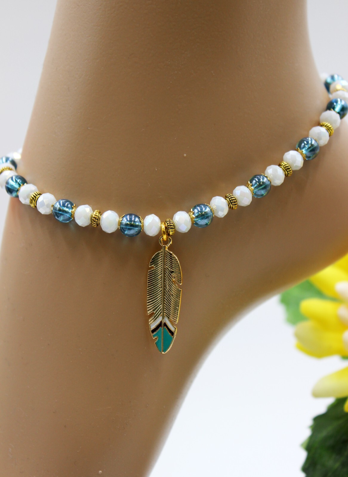 Boho Hippie Beaded Anklet with Blue White Feathers - Size M Chain #KB003-image