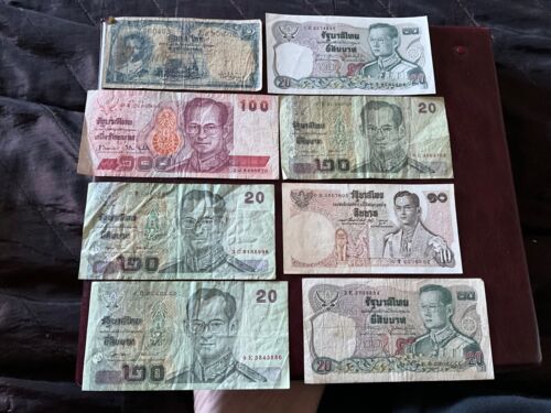 100, 5 x 20, 10 & 1 Thailand Baht Banknoten