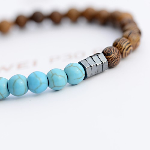 6mm Natural Turquoise Wood Beads Hematite Charm Elastic Strand Unisex Bracelets - Picture 6 of 11