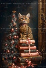 CUTE HOLIDAY CAT ART PRINT, Christmas Animal Decor, Library Kitten Poster E724