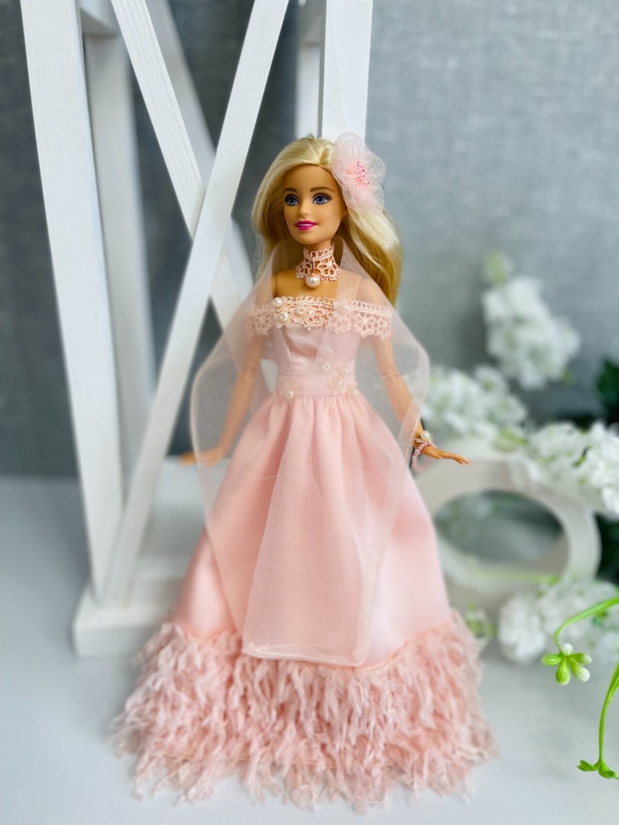 Elegant long dress with feathers for Barbie doll. (OOAK)