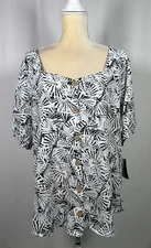 I.N. Studio Blouse Shirt Top 3X Women Short Sleeve Button Stretch Black White