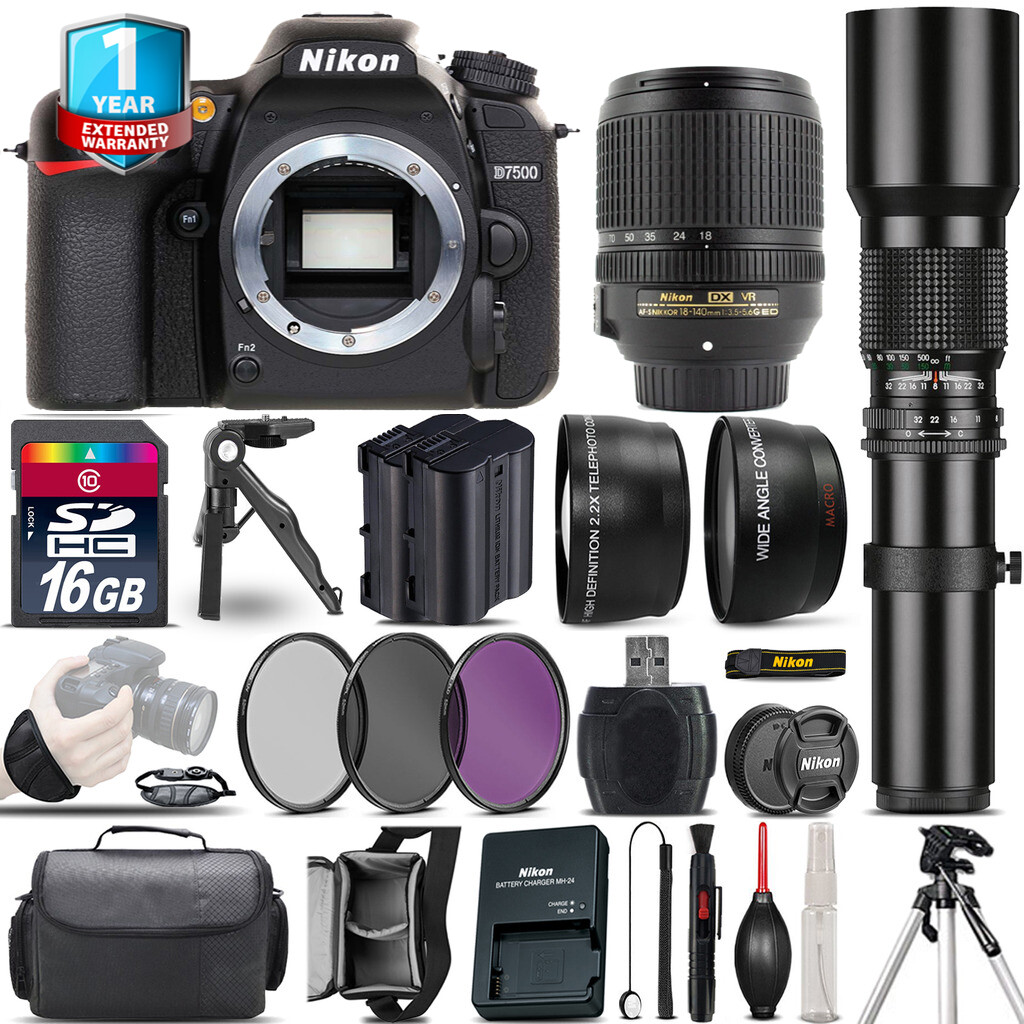 Nikon D7500 Camera + AFS 18-140mm VR + 500mm Lens + Extra Battery