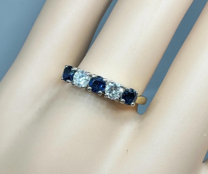 Art Deco Sapphire Diamond Wedding Engagement Band Ring Five Stone 18 Karat Gold