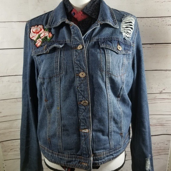 Boom Boom Jeans Blue Distressed Floral Rose Embroidered Denim Jacket Large