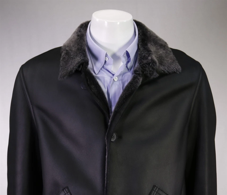 LaMatta Men's Black Leather Shearling Lined Coat Eu 54 - US 44 - Image 3 of 4