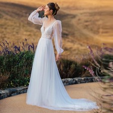 Stylish Backless Wedding Dress Chapel Train Tulle A-line V-neck Lace Appliques