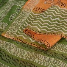 Sanskriti Vintage Sarees Green  Orange Pure Silk Print Sari 5 Yd Craft Fabric