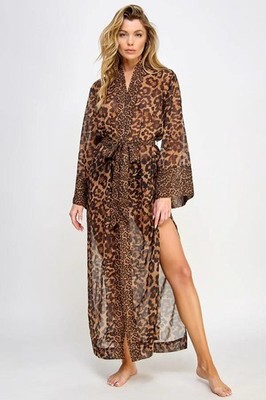 sexy BE WICKED sheer CHIFFON leopard CAT print SIDE thigh SLIT long SLEEVE robe