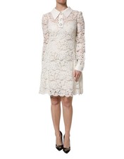 Dolce & Gabbana White Floral Lace Long Sleeves Shift Women's Dress Authentic