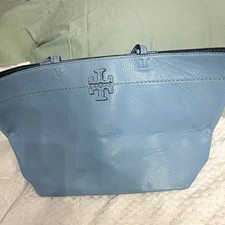 Tory Burch Blue Solid Tote Double Handles Logo Gold Hardware Black Lined