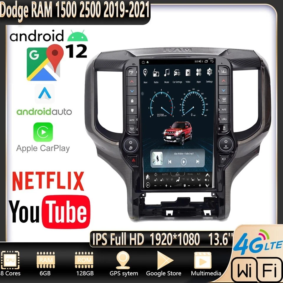 13.6" GPS Navigation Radio Carplay For Dodge Ram 1500 Tesla Car Screen 2019-2023 Foto 3 de 4