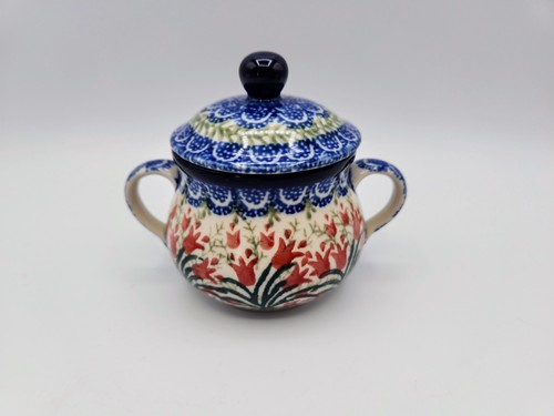 Polish Stoneware Sugar Jar and Creamer Tray Ceramika Artystyczna Tulips Floral - Picture 11 of 20