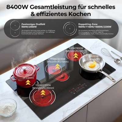 Einbau Kochfeld 90cm 8400W 5 Zonen Glaskeramik Ovale Doppelring Restwärmeanzeige