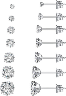 7 Pairs Silver Cubic Zirconia Stud Earrings for Women Trendy Stud Earrings Set H