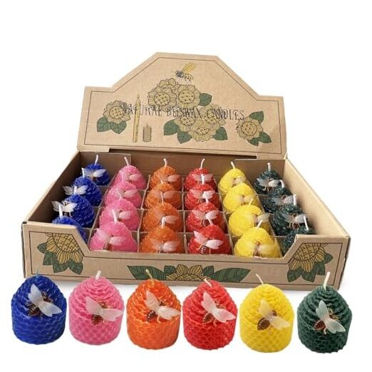 Bulk Set of 24 Beeswax Votive Candles in Rainbow Colors - Dripless & Bee Themed