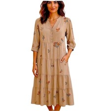 Fig  Flower Embroidered Floral Tiered Midi Dress Tan Size Medium